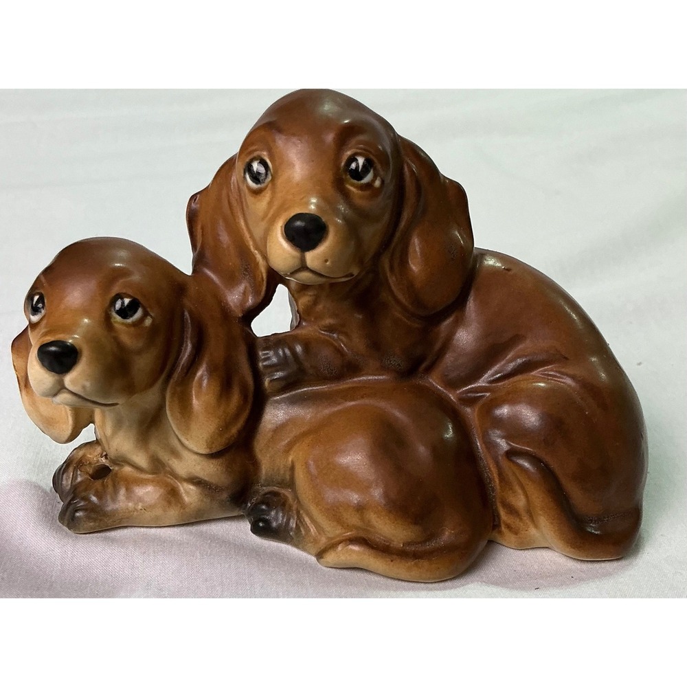 Vintage Dachshund Puppy Dog Figurine Pair Brown Ceramic Dogs Retro Cottagecore